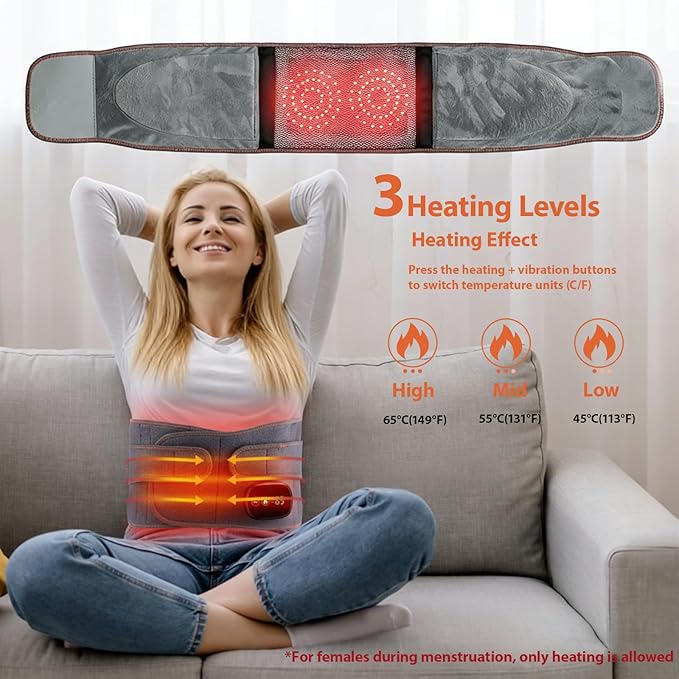 Lower Back Massager with Heat, Heating Pad for Back, Stomach Heating Pad, Cordless Portable Waist Massage Belt with Heat Vibration 3 Levels Adjustable, Touchscreen Control, Adjustable Size (Grey)