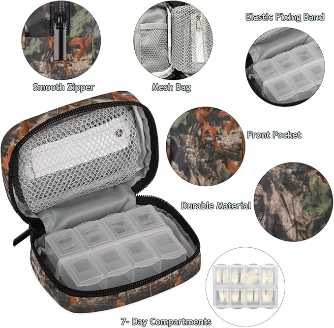 Forest Tree Camo Camouflage Pill Box Small Pill Travel Organizer 7 Day Weekly Medicine Pill Case Cute Compact Size Vitamin Container Pill Bottle Portable Pill Holder Bag with Zipper