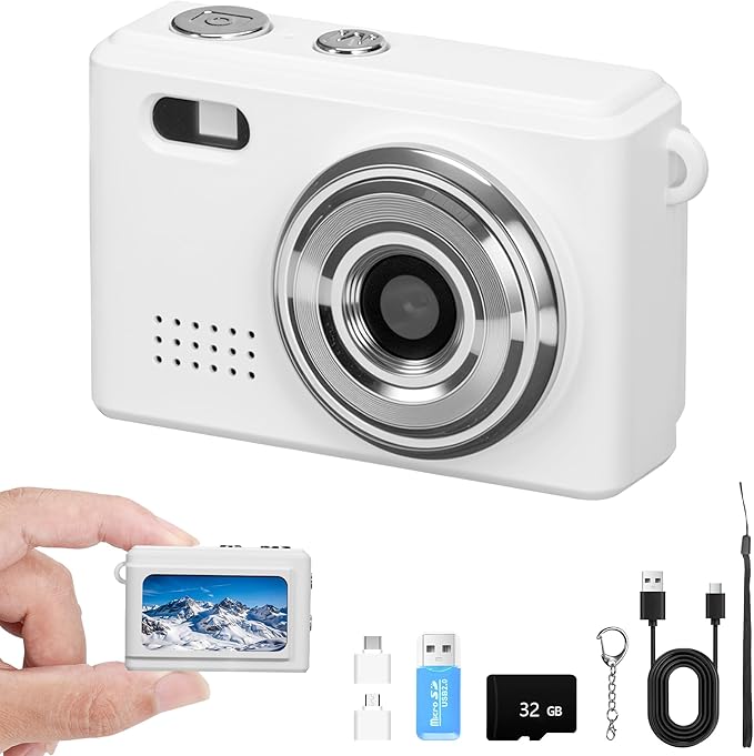 Mini Keychain Camera, FHD 1080p Mini Digital Camera with 32GB SD Card, Flash, 6 Creative Filters, 0.96" HD Display, 100 Mins Battery Life for Travel Recording Birthday Gifts (Modern, White)