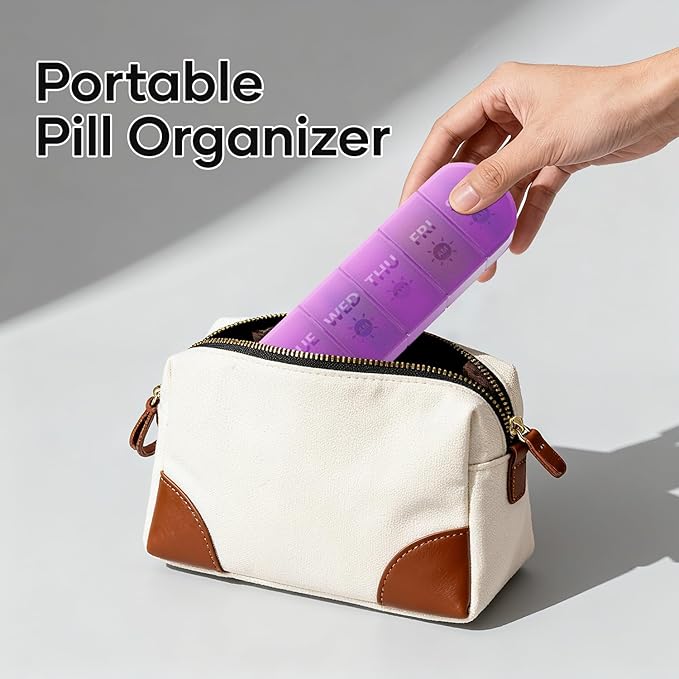 2 Layers Weekly Pill Organizer 2 Times a Day, Travel Medicine Pill Organizer, Pill Box Case 7 Day AM PM BPA-Free, Pill Container for Vitamins, Fish Oil, Supplements and Medication, Purple