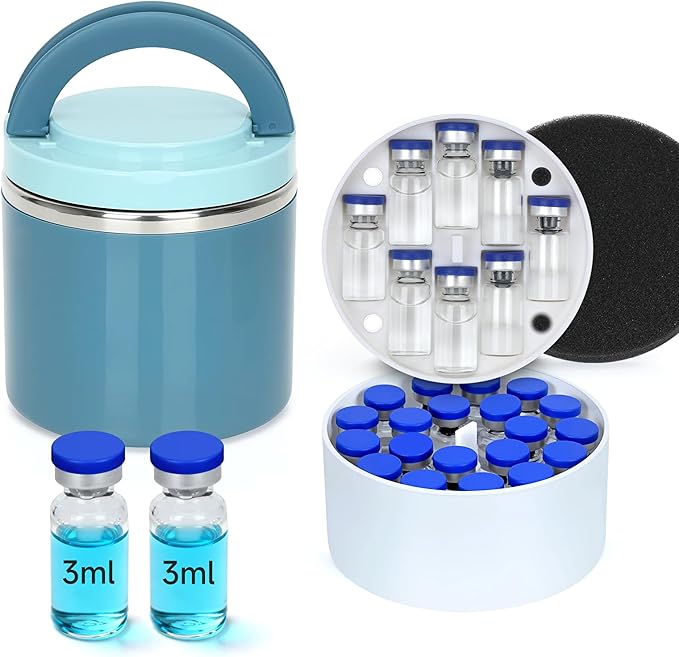 3ml Peptide Case for Fridge Vial Inserts with 22oz Food Jar, Peptide Fridge Case/Peptide Travel Case TSA Approved, Holds 28 Vials, Peptide Storage - Fridge/Travel Safe (Blue Jar and White Insert)
