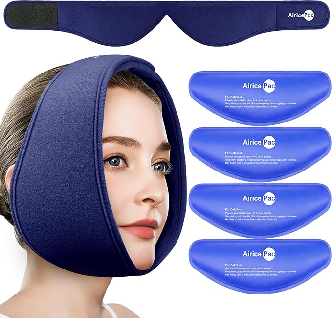 Wisdom Teeth Ice Pack Head Wrap, Face Ice Pack for Jaw Oral Surgery Pain Relief for TMJ, Teeth Removed, 4 Cold Therapy Gel Packs Reusable, Blue
