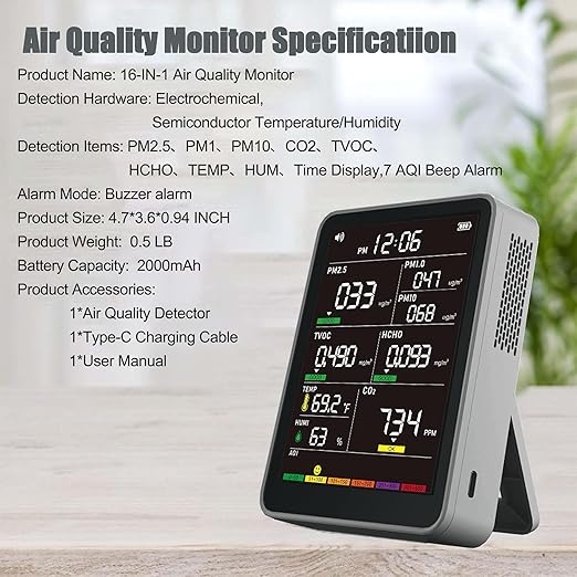 Professional Indoor Air Quality Monitor with AQI Alerts, Portable Real-Time Detector for Home, Car, Plants & Pet