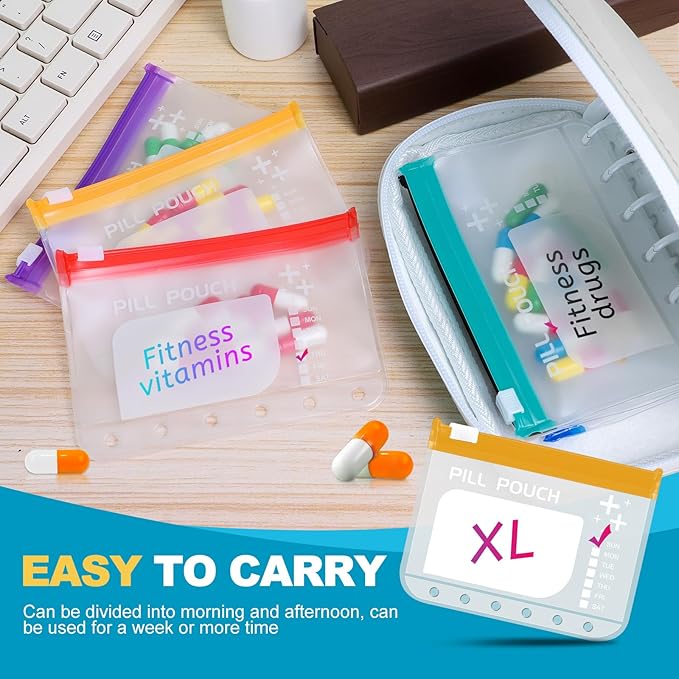 The A7-L Reusable Pill Pouches Set is Designed to fit The A7 Binder. Zippered Pill Organizers Weekly, Travel Pill Container, Reusable Zipper Pouches, Color-Coded Medicine Pouches