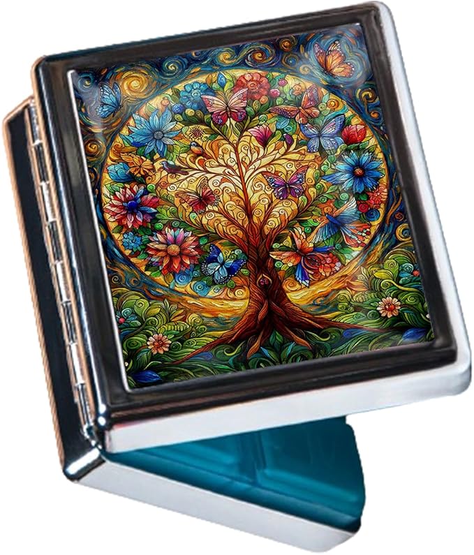 Metal 7 Day Pill Organizer, Weekly Pill Case 8 Compartments, Travel Pill Box for Purse & Pocket, Small Medicine & Vitamin Organizer, PP Dividers, Secure Clasp (Tree of Life)