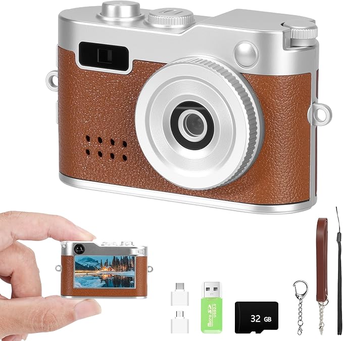 Mini Keychain Camera, FHD 1080p Mini Digital Camera with 32GB SD Card, Flash, 6 Creative Filters, 0.96" HD Display, 100 Mins Battery Life for Travel Recording Birthday Gifts (Vintage, Brown)