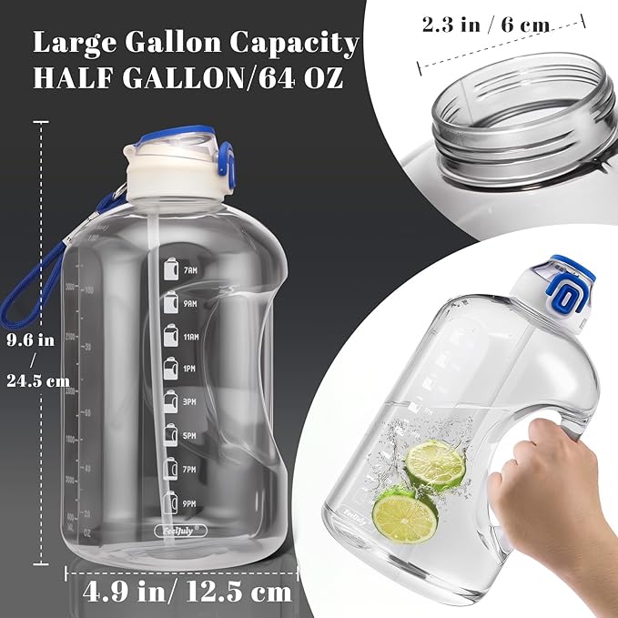 64 OZ Water Bottle with Straw, Half Gallon Water Bottle Times to Drink, Reusable Leak Proof Water Jug Handle with Strap, 2 Lids BPA Free for Fitness Gym Camping (Clear, 64 Ounces)