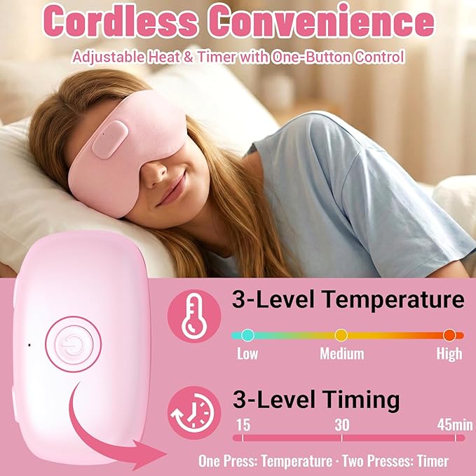 Heated Sleep Mask with Bluetooth Headphones, Cordless Rechargeable Heating Eye Mask with Adjustable Heart Timer Music, Washable Sleeping Mask with Bluetooth Headphones for Dry Eyes (Pink)