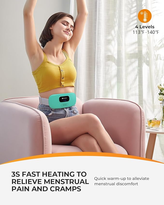 CooCoCo Portable Heating Pad for Period Cramps, Cordless Waist Belt for Menstrual Cramp Relief, 3S Fast Heat Pad with 4 Heat Levels and 4 Vibration Modes, Green