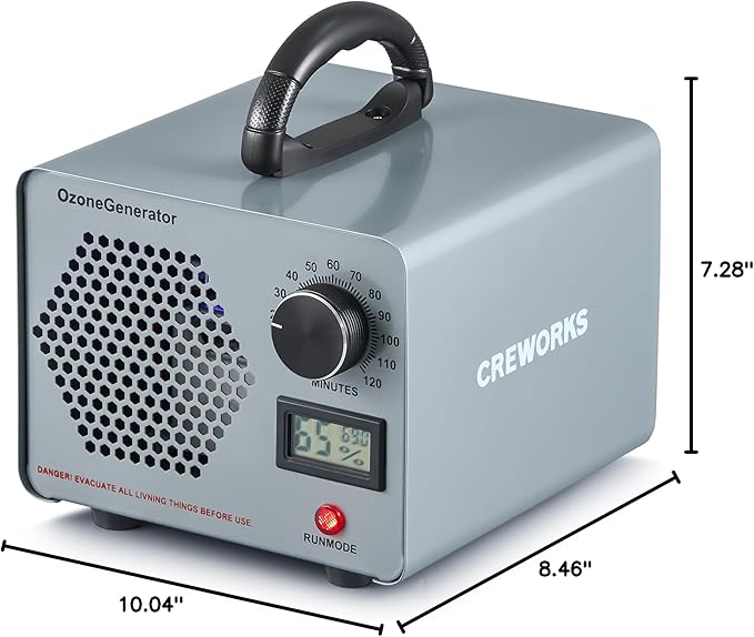 CREWORKS Ozone Odor Machine, Commercial Ozone Generator Air Purifier with Timer Display, 30000 mg/h Ozone Machine for Car Home Smoke Pet Odor Removal, High Capacity for 3200 sq ft Room, Silver
