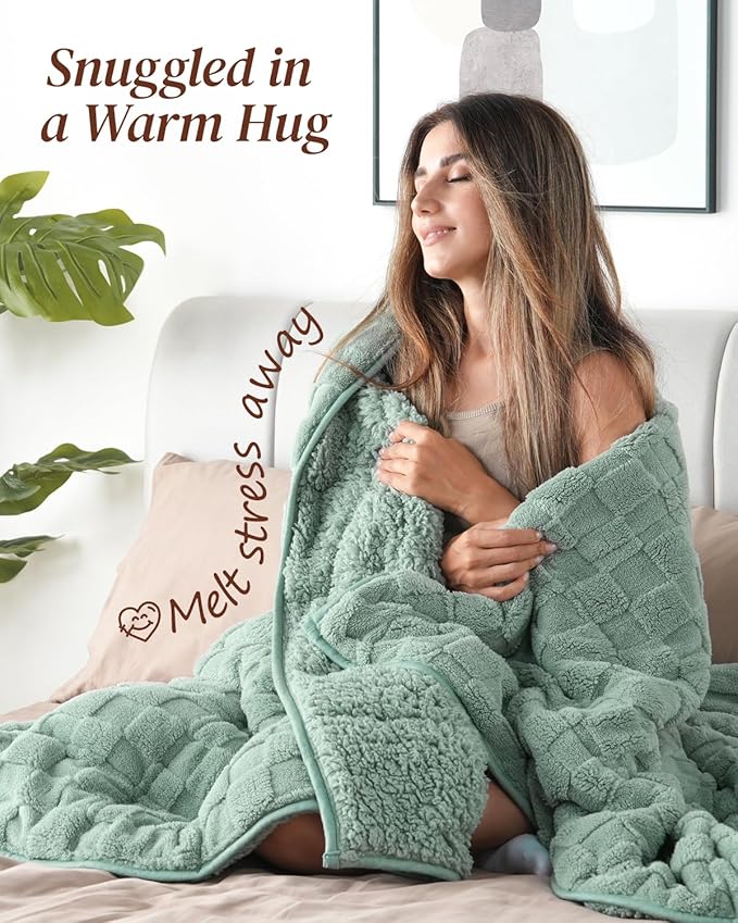 Kivik Weighted Blanket for Adult, 15 lbs Checkered Throw Blankets, Soft Dual Sided Heavy Fleece Checkerboard Blanket for Couch Sofa Bed, Twin Size 48 x 72 Inches, Sage Green