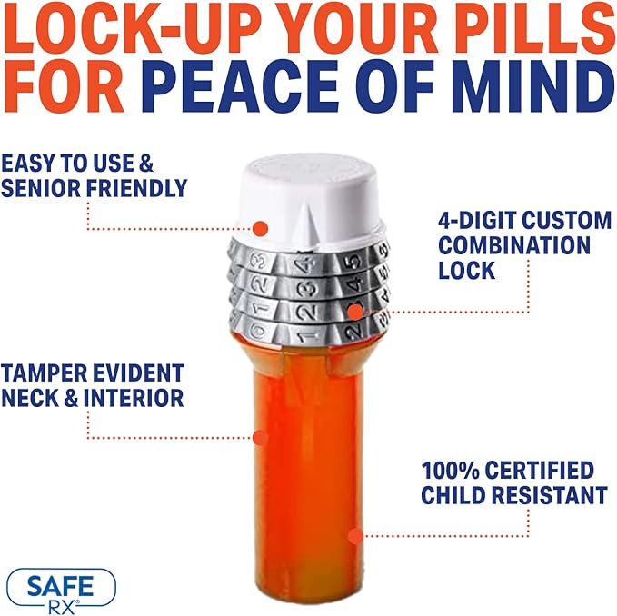 Safe RX Large Locking Pill Bottle | Combination Lock | Secure Medication or Small Valuable Items | Certified Child-Resistant, Senior-Friendly | 5.4″ x 2″ (1-Pack) Blue
