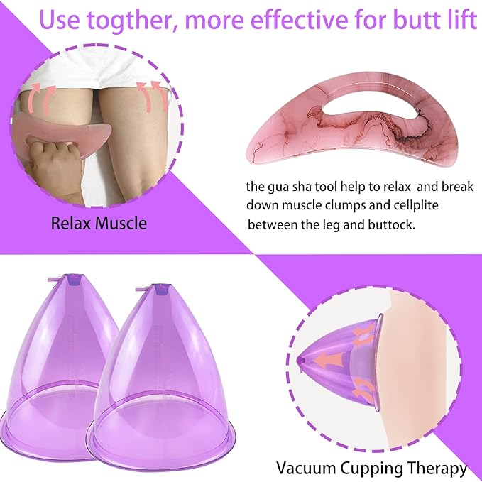 Buttock Vacuum Cups 210ML &180ML,Vacuum Therapy Cupping Machine Accessories, 9.4inch & 8.26inch XL Suction Cups for Butt Massage with Y-Hose & Gua Sha Board, 2 Pairs (Purple)
