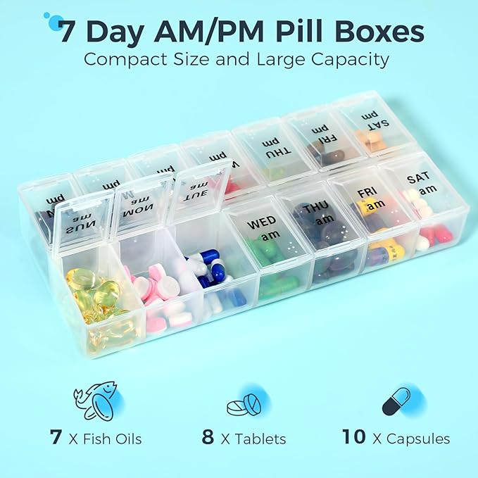 Weekly Pill Organizer 2 Times a Day, Travel Pill Box 7 Day with Large Opening, Pill Case with Handle, Pill Dispenser Medicine Organizer for Vitamins, Fish Oils, Medications, Supplements (Grey, Large)