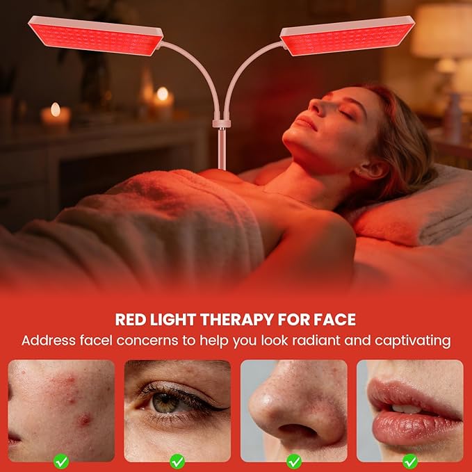 2 Head Red Light Therapy Lamp for Body and Face Use, 3 in 1 Chip with 660nm Red Light and 850nm Near Infrared Light, LED Red Light Therapy Device with 61 inch Adjustable Stand