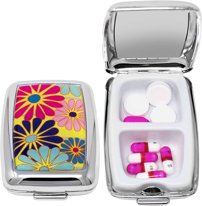Set of 2 Dual-Compartment Rectangular Pocket Purse Pill Box & Organizer with Insert (Daisy Medley)