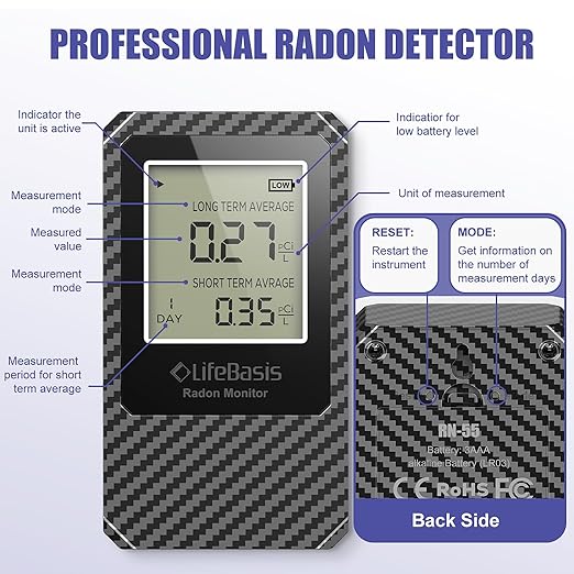 LifeBasis Radon Detector, Radon Test for Home with Long and Short Term Radon Meter, Home Radon Gas Monitor US Version-pCi/L (Update Version, Carbon Fiber Color)