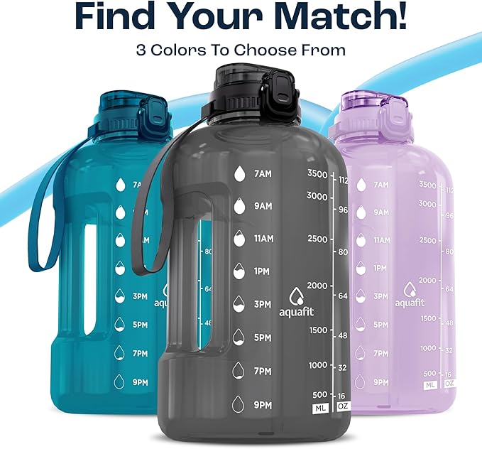AQUAFIT 1 Gallon Water Bottle with Time Marker - Straw & Chug Lid - BPA Free Gym Water Bottle with Straw - Big Gallon Jug (Aqua, 128 oz - 2in1 Lid)