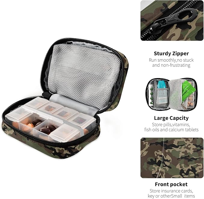 Military Camo Pill Box 7 Day Pill Case Travel Pill Organizer Bag with Zipper Portable Weekly Case Compact Size for Vitamin Supplement Holder