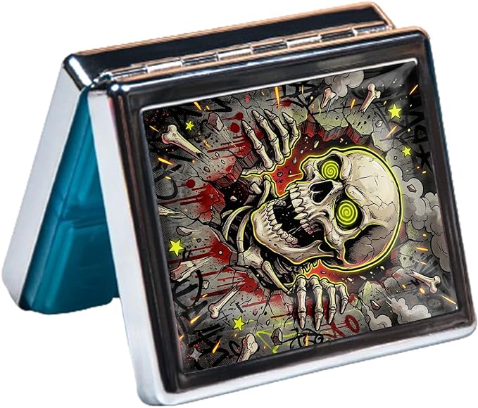 Metal 7 Day Pill Organizer, Weekly Pill Case with 8 Compartments, Travel Pill Box for Purse & Pocket, Small Medicine & Vitamin Organizer with PP Dividers (Neon Skull Graffiti)