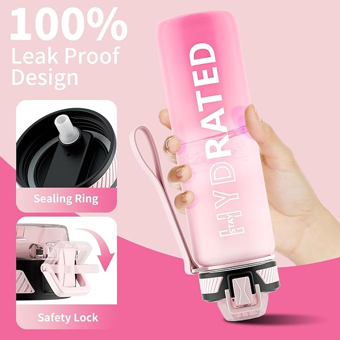 Water Bottle with Straw, 32oz Motivational Water Bottles with Time Marker to Drink, Tritan BPA Free, 1L Sports Water Bottle with Carry Strap LeakProof for Women Gym Fitness Outdoor (1 Pack)