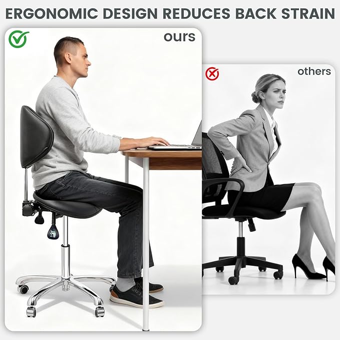 FreSup Saddle Stool, Ergonomic Saddle Chair with Back Support,Tattoo & Esthetician Chair with Wheels, Anti-Fatigue Design for Salon, Dental, Lab, Office and Home Kitchen (Black)
