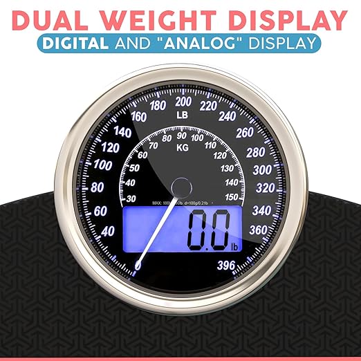 Adamson Hybrid 2-in-1 Analog & Digital Weighing Scale for Body Weight up to 400lbs - Thick Tempered Glass - Extra Large Display - Easy to Read Digital Bathroom Scale - Black Matrix with Blue Backlight