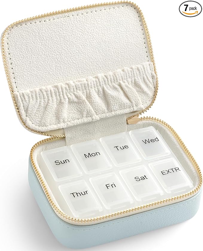 Genuine Leather Travel Pill Organizer Box Case 1 Times a Day for Purse for Women, Cute Medicine Pill Holder Containers for Vitamin Small Weekly Daily 7 Day Am Pm Pill Organizer(Blue)