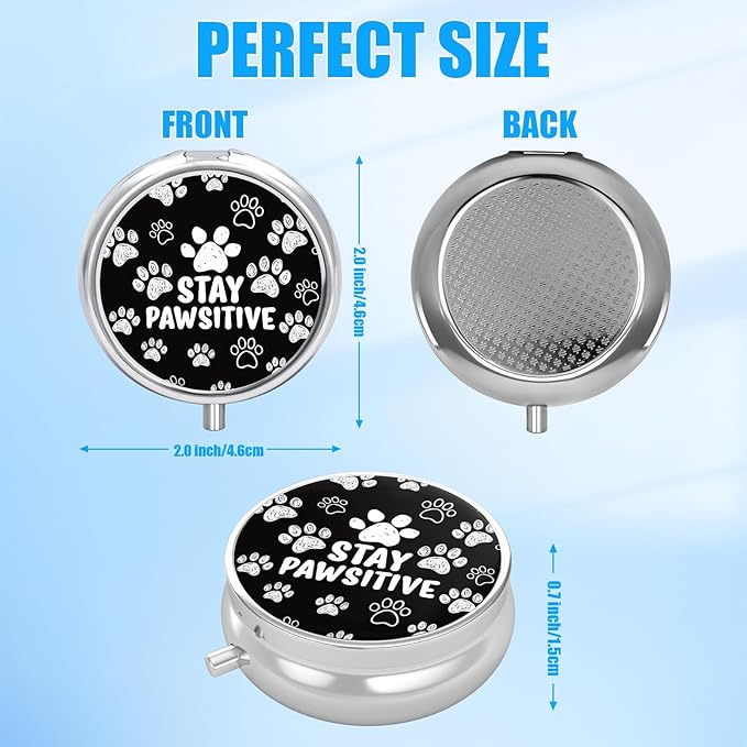 Paw Pill Case, Stay Pawsitive Pill Box 3 Compartments Metal Small Pill Holder with Mirror Mini Travel Pill Container for Purse Pocket Women Men