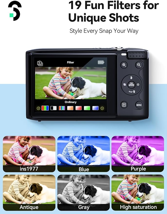 SOOMFON Digital Camera - Max 72MP Point and Shoot Kids Cameras with 16X Zoom, 32G TF Card, 2 Batteries and Card Reader, Compact Digital Camera for Kids Teens Beginners (Black)