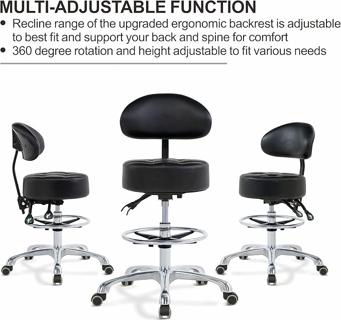 Grace & Grace Height Adjustable Rolling Swivel Tall Stool Chair with Back Support,Heavy Duty Stool with Wheels for Salon,Massage, Factory, Shop,Work (Black,with Back Support)