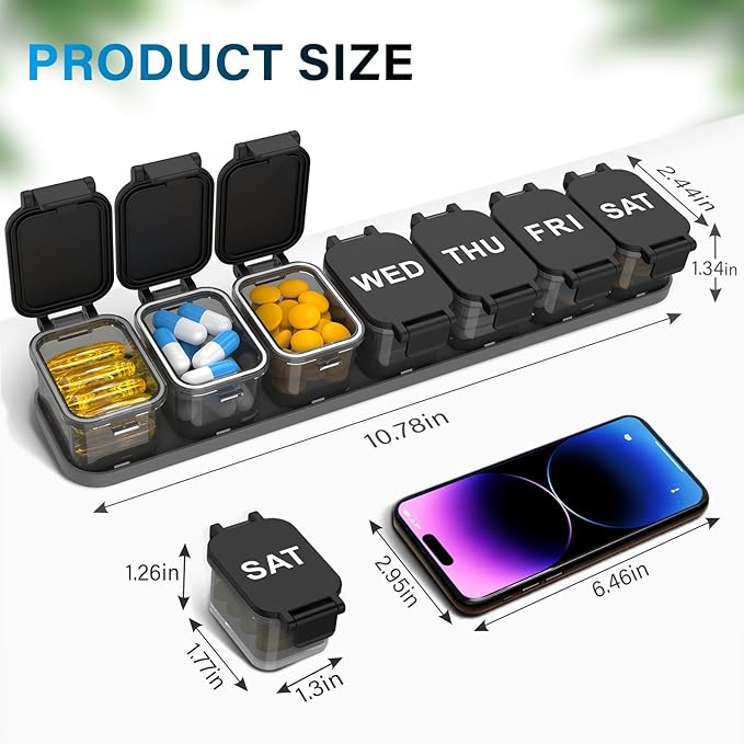 Extra Large Weekly Pill Organizer - XL Vitamin Holder with 7 Detachable Compartments, Portable Medicine Pill Organizer for Supplements, Daily Pill Case for Home and Travel,Black