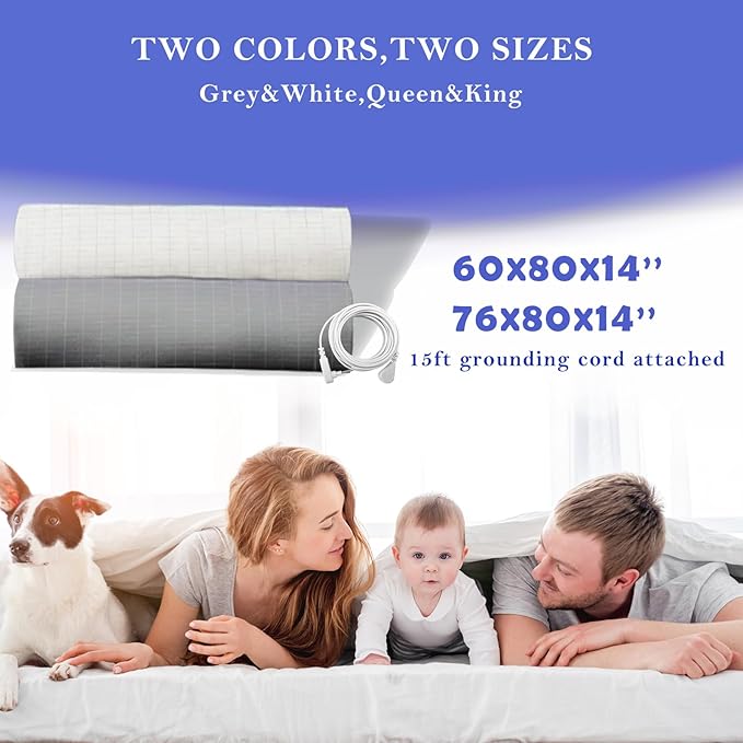 Grounding Sheets Queen Silver Fiber Grounded Fitted Sheets for Bed Cotton Earth Connected Sheet with Cord (60"x80"x14",Grey)