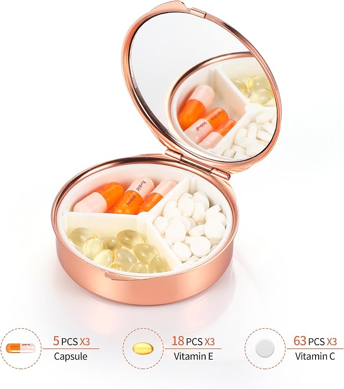 Dynippy Pill Case Pill Box with Mirror Pocket 3 Compartment Medicine Case Vitamin Pill Organizer for Pocket Purse and Travel (Round, Rose Gold-Glitter Rose)