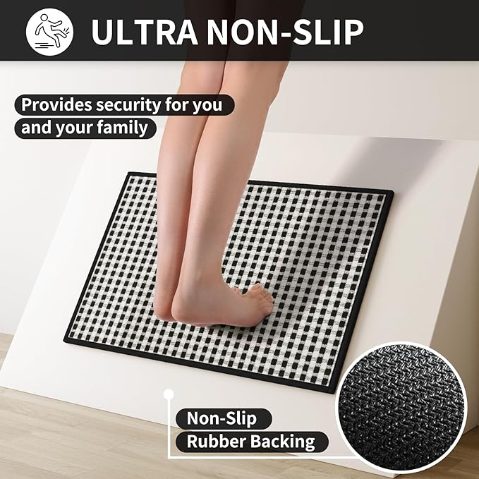 Kitchen Mat Kitchen Rugs Sets of 2 PCS Non Slip Washable, Super Absorbent Soft Braided Kitchen Mats for Floor, Rubber Backing Comfort Standing Kitchen Sink Mat Runner Rug, Black 17"x28"+17"x47"