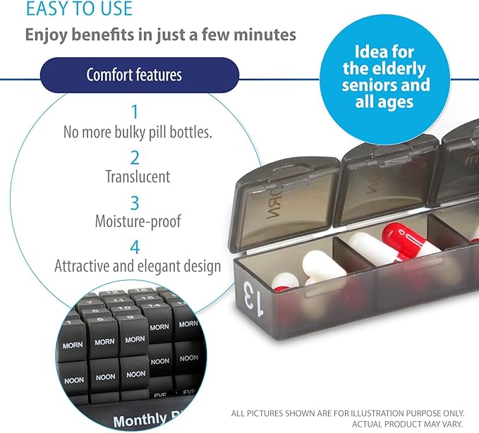 Deke Home - Monthly Pill Organizer 3 Times a Day, 30 Day Pill Box with AM PM Compartments, Large Monthly Medicine Organizer for Vitamins, Supplements & Medication, Travel-Friendly Pill Case, BPA Free