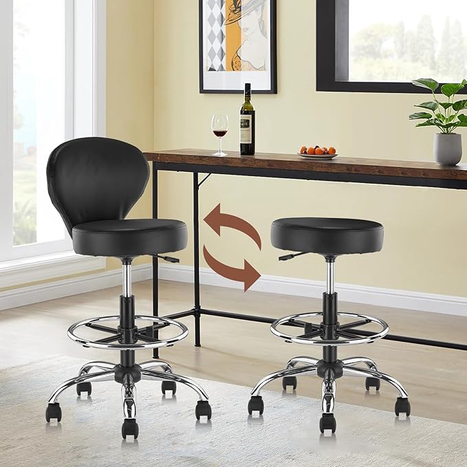 Leather Drafting Stool Chair Padded Seat 360° Swivel Rolling Stools Adjustable Height with Ergonomic Backrest and Footrest, Tall Office Chair for Standing Desk, Studio, Labs, Black, 2 Pack