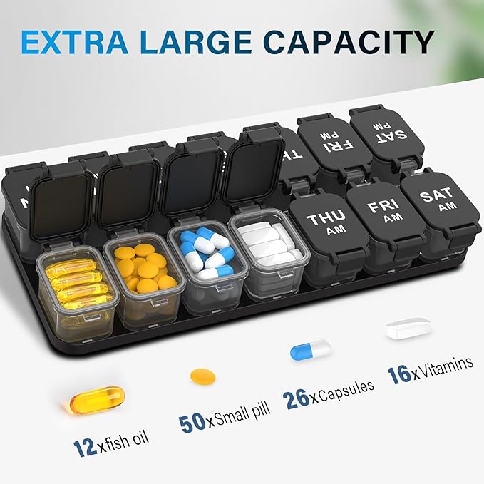 Extra Large Weekly Pill Organizer - Waterproof Pill Box 2 Times a Day, 7 Day Am Pm Medicine Pill Organizer for Supplements, Big Daily Pill Case Holder with Detachable Container for Vitamin/Fish Oil