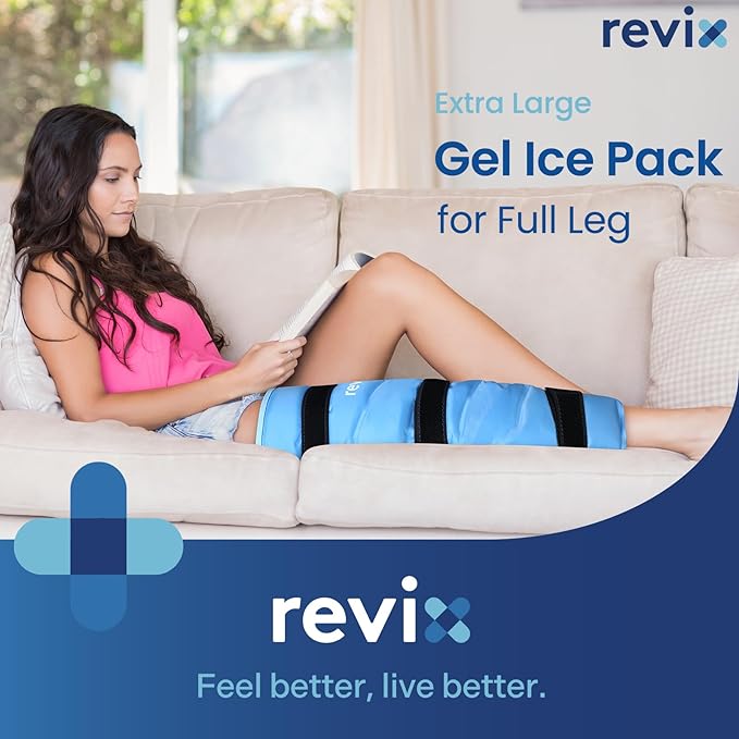 REVIX Full Leg Ice Pack Wrap Around Entire Leg, Reusable Gel Cold Wrap for Hip, Thigh and Knee, Soft Cold Compress Ice Pack Sleeve with 3 Straps (Pack of 2)