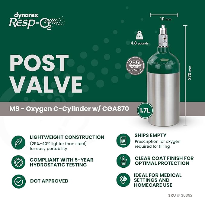 Dynarex Resp-O2 M9 Oxygen C -Cylinder with CGA 870 Post Valve – 1.7L Standard Size Oxygen Cylinder - Lightweight Aluminum Portable Tank with 255L Oxygen Capacity