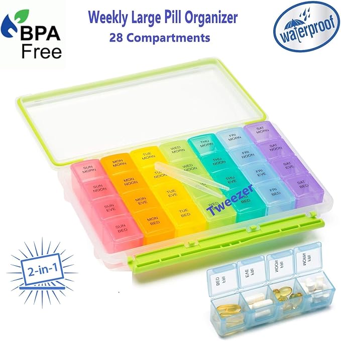 Pill Organizer Weekly AM/PM Pill Box -Moisture Proof Medicine Organizer 7 Day Portable Travel Medication Container 4 Times a Day with Large Compartments for Vitamins Supplements