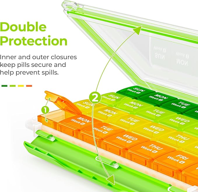 AUVON Moisture-Proof Monthly Pill Organizer, Large 28 Days Pill Box Case with Removable 4 Weeks Medication Organizer Rows, Travel-Friendly to Store Fish Oils, Vitamins, Supplements, Medications