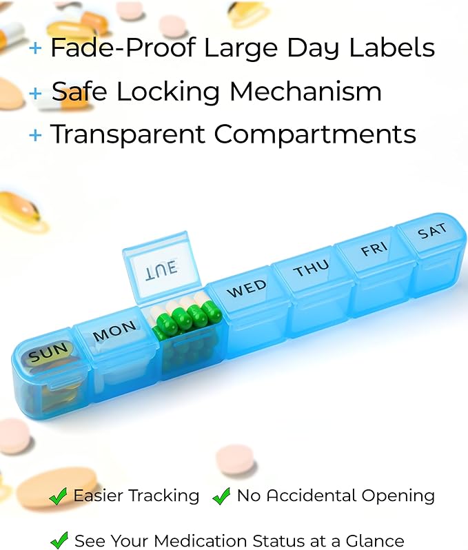2 Pack Weekly Pill Organizer, Large 7 Day Pill Box, BPA-Free Travel Medicine Case, Easy Open & Secure Close, Portable Pill Holder for Vitamins, Supplements & Medications - Blue&Purple