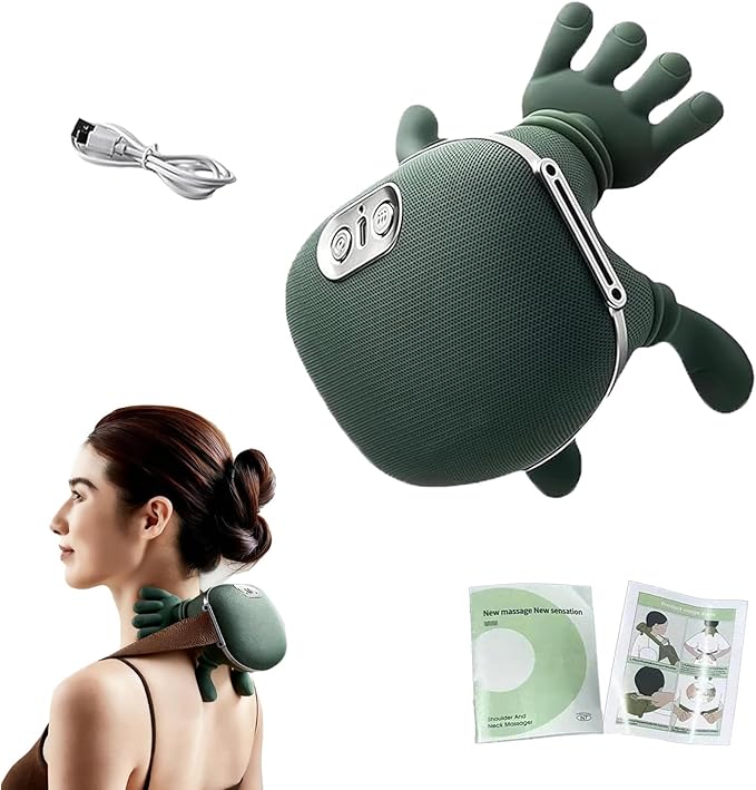 Bionic Neck and Shoulder Massager with Heat, Cordless Hands-Free Deep Tissue Kneading, 5-Finger Soft Silicone Nodes, Wearable Trapezius Tension Relief for Home, Office & Travel