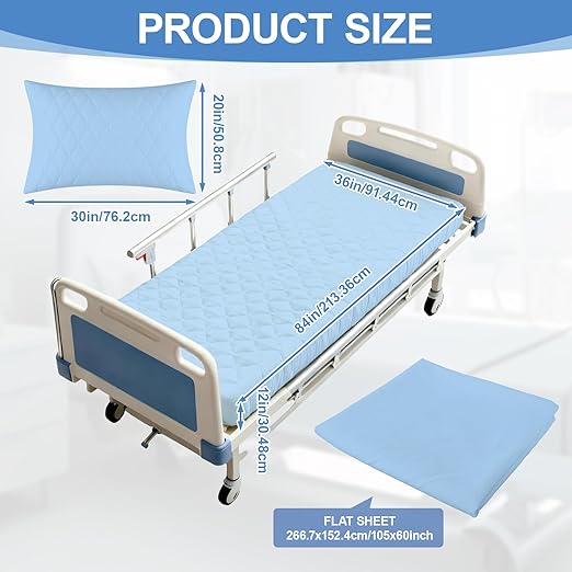 Lounsweer 3 Piece Hospital Bed Sheet Set, Blue Waterproof Bed Sheet Set, Incontinence Protection for Home and Hospital Use, Include 1 Fitted 36" x 84" x 12" 1 Flat and 1 Pillowcase