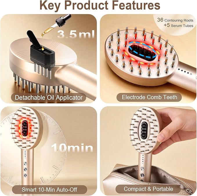 3-in-1 Electric Scalp Massager with Hair Oil Applicator, Red & Blue Light Modes, Vibrating Massage Tool for Scalp/Face/Body Relaxation, Portable Hair Brush, Scalp Massage Comb for Home & Travel
