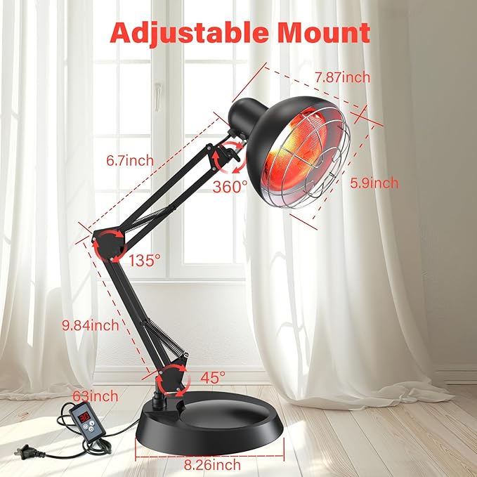 Infrared Light Heat Lamp, Near Red Light Therapy for Body Muscle Joint Pain Relieve 150W Bulb with Adjustable Stand, Timer