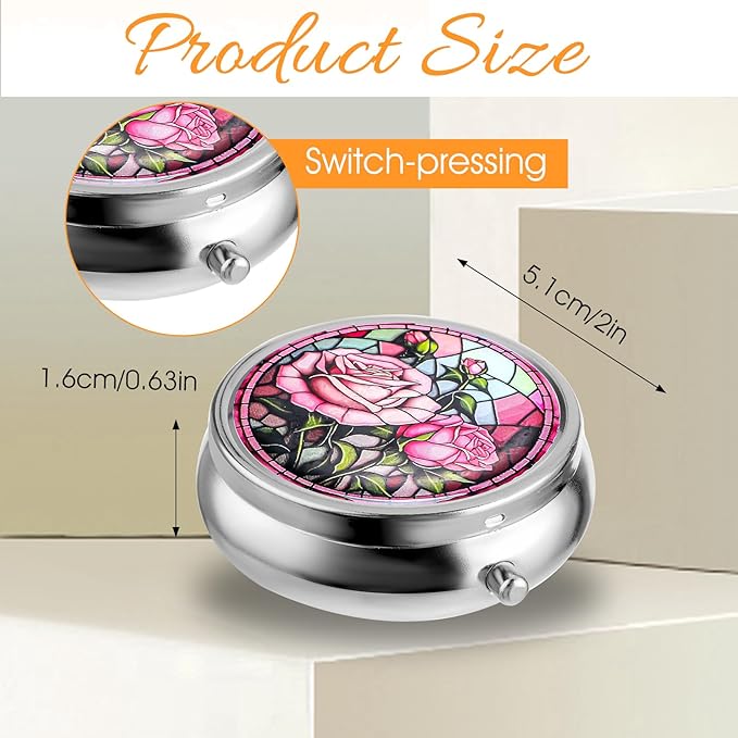 Pill Box Cute Small Pill Box for Purse & Pocket Medicine Organizer Travel Pillbox Waterproof Pill Case Metal Pill Container Holder for Vitamins, Fish Oil, Supplements (Silver Peony)