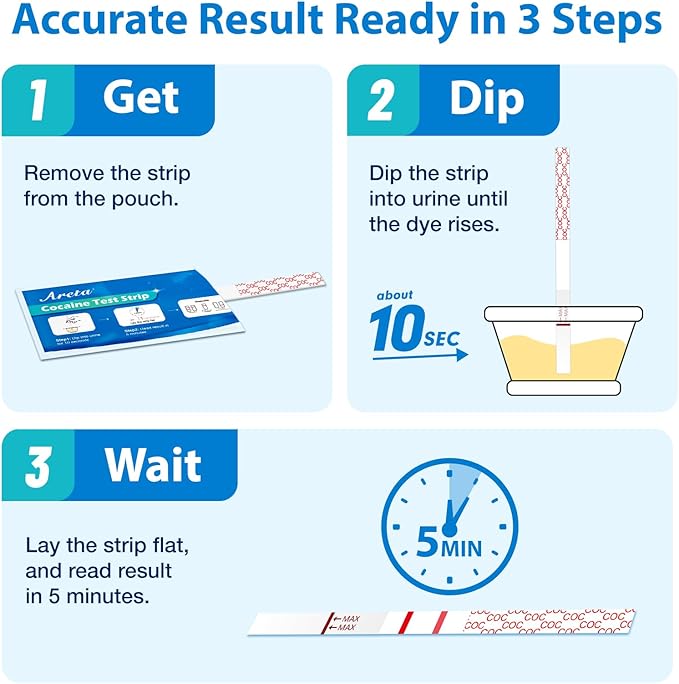 Areta Cocaine Test Strips: Instant Urine Drug Test for Cocaine 5 Pack, OTC Use, COC Coke Crack Home Detection Kit, 300 ng/mL Cutoff, Result in 5 Min -#ASCOC-114