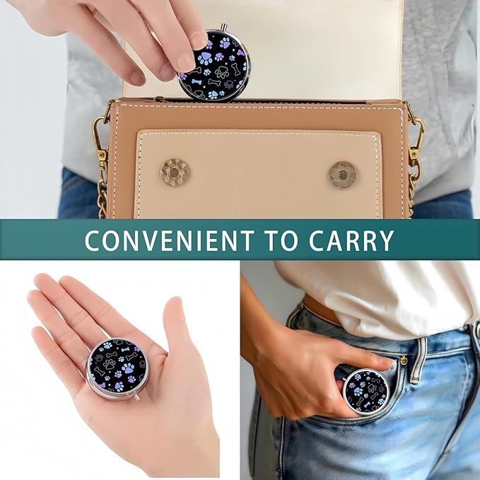 Pill Box 3 Compartment Pocket Small Pill Organizer Mini Metal Pill Holder Travel Portable for Man Old People and Kids - Gradient Black Dog Paw Print